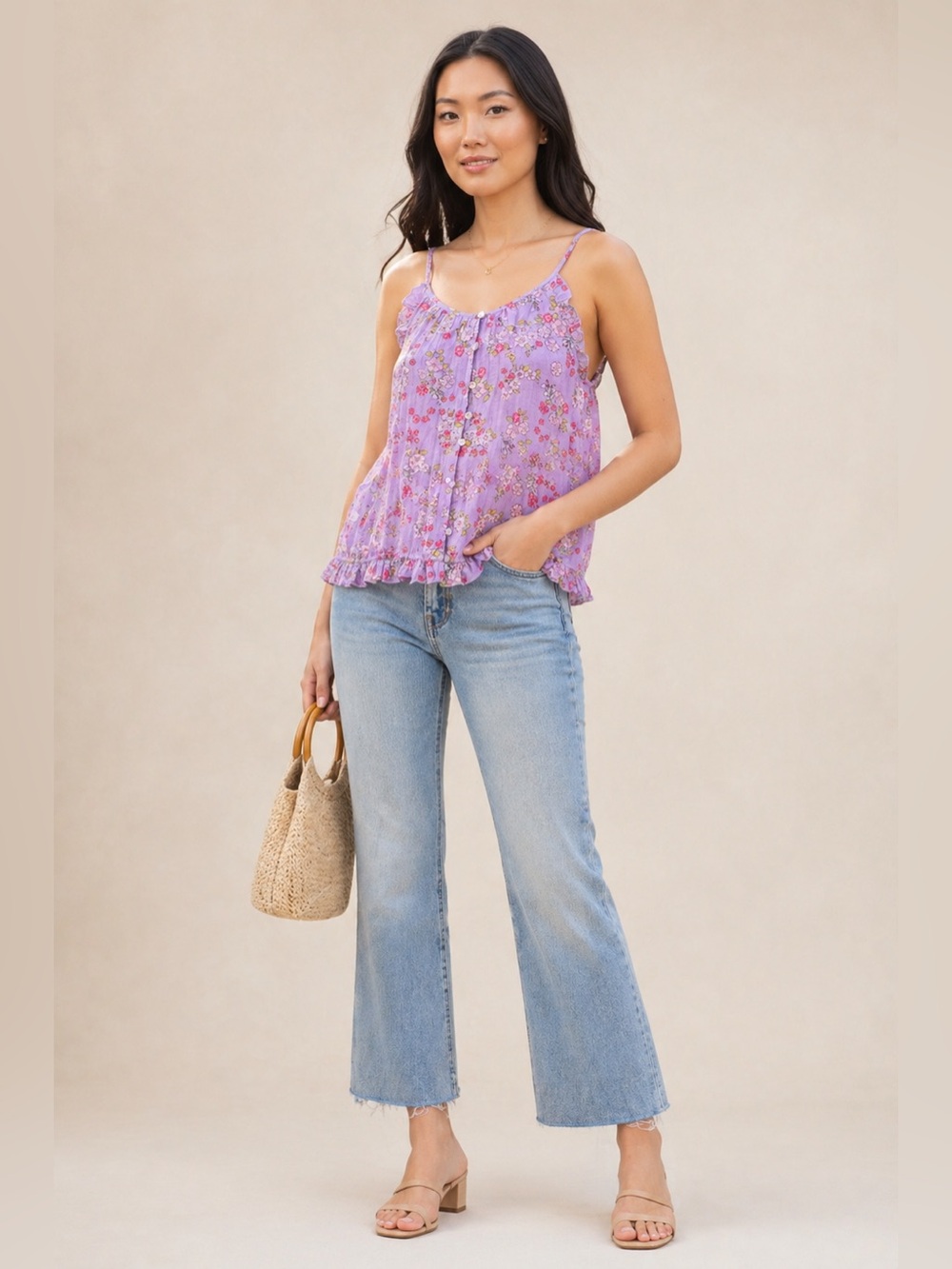Unique Vintage Floral Ruffle Tank Top Lavender Pink Button Front Size 2X NWOT